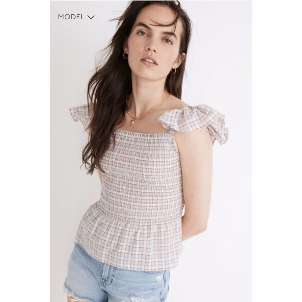 Midwell Seersucker Lucie Smocked Peplum Top in Rainbow Plaid